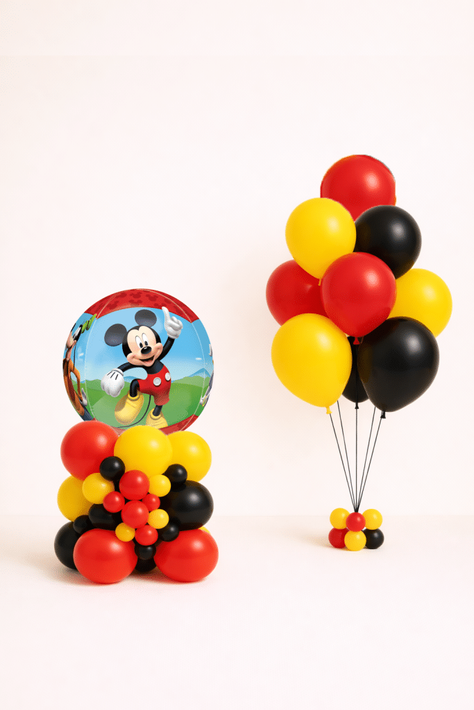 Mickey Mouse birthday balloon set with round character balloon base and matching red yellow and black balloon bouquet