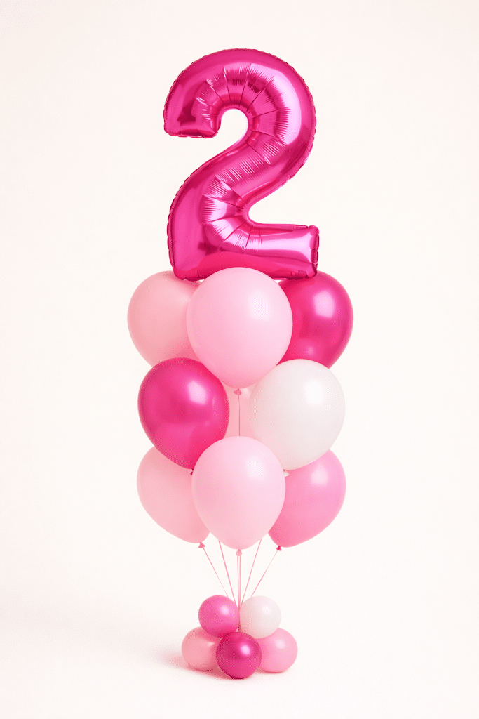 Pink birthday balloon bouquet with custom number foil balloon and matching pink and white latex balloons on a floor standing base