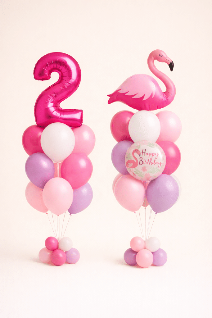 Pastel pink and lavender flamingo birthday balloon set with custom number balloon and matching Happy Birthday flamingo arrangement on floor standing bases