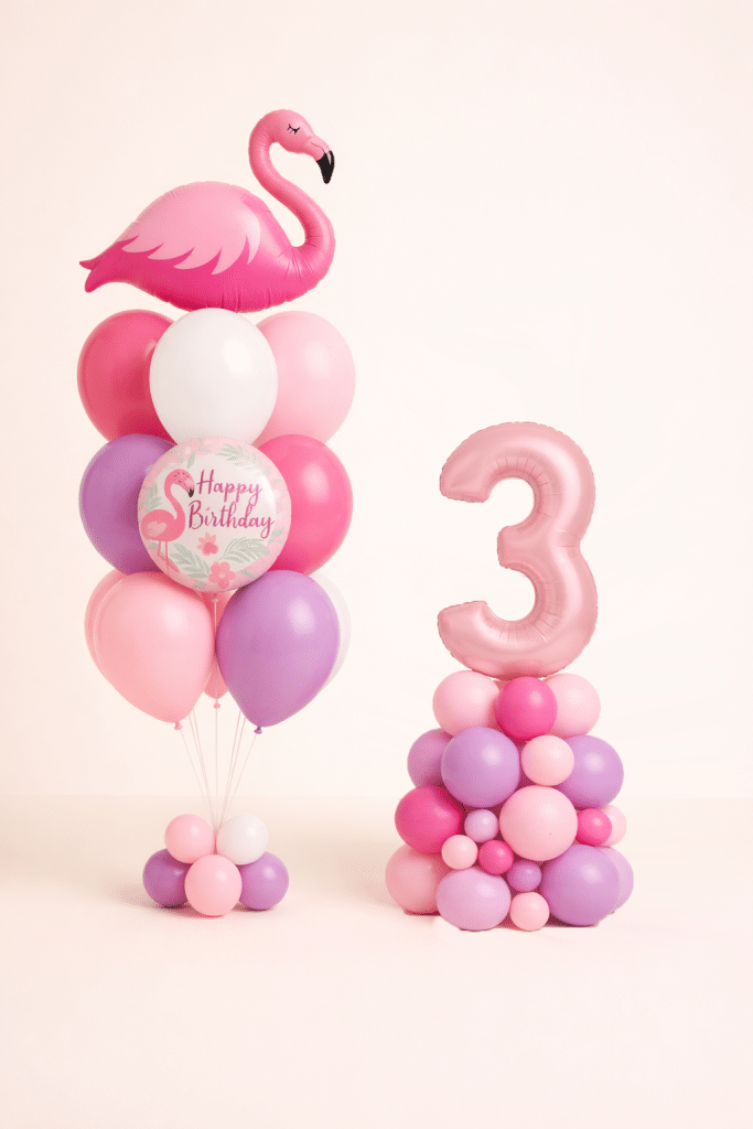 Pastel pink and lavender flamingo birthday balloon set with custom number column and matching Happy Birthday flamingo bouquet on floor standing bases