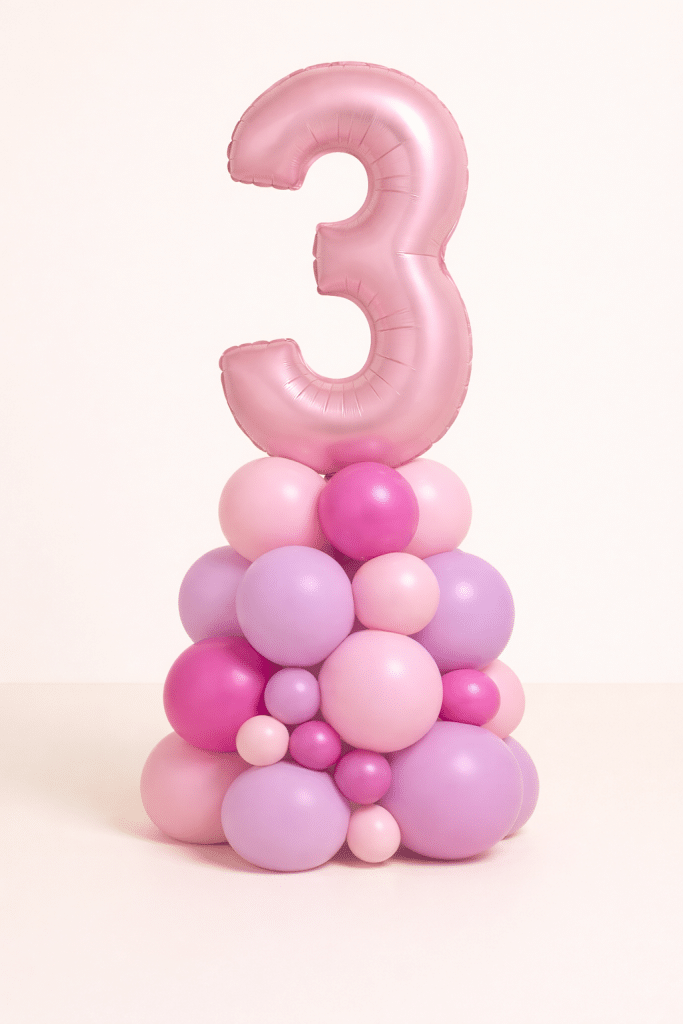 Pastel pink and lavender organic balloon number column with custom number topper and mixed-size balloon base for birthday decoration