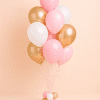 Blush pink, white and gold floor-standing balloon bouquet with metallic gold balloons and matching small balloon base for elegant celebration décor