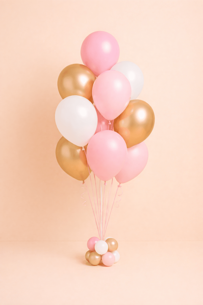 Blush pink, white and gold floor-standing balloon bouquet with metallic gold balloons and matching small balloon base for elegant celebration décor
