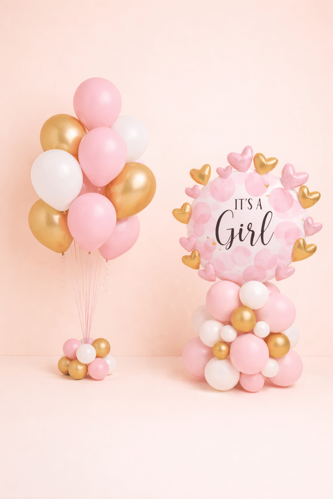 Pink white and gold baby shower balloon bouquet with matching It’s a Girl foil balloon column and heart accents floor standing celebration set