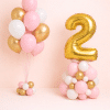 Pink white and gold birthday balloon bouquet with matching gold number balloon column floor standing elegant celebration set