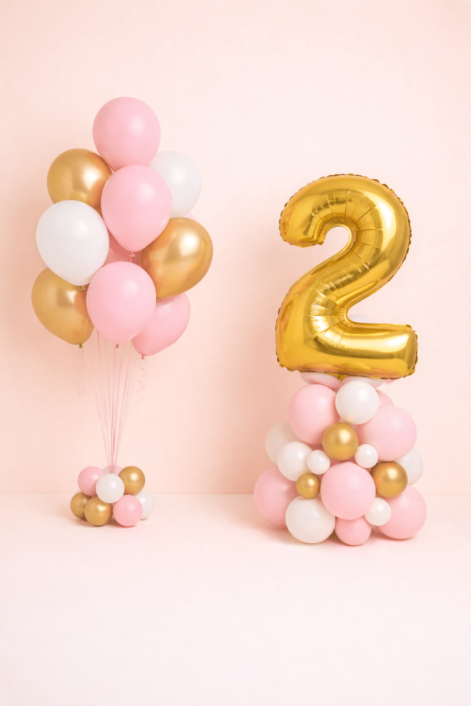 Pink white and gold birthday balloon bouquet with matching gold number balloon column floor standing elegant celebration set