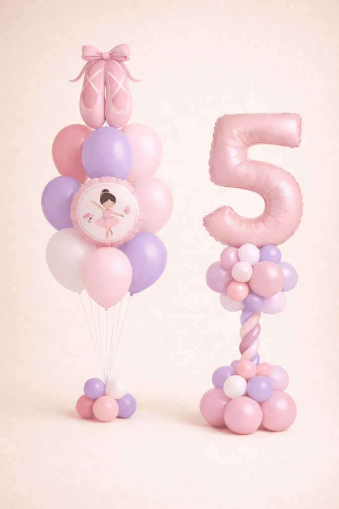 Pastel pink and lilac ballerina birthday balloon bouquet with ballet shoes topper and matching number balloon column floor standing decoration