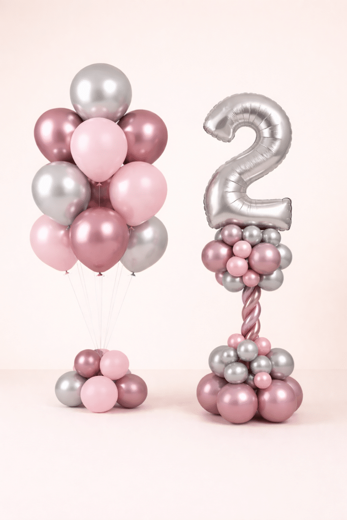 Blush pink and rose gold chrome birthday balloon bouquet with silver number balloon column in elegant metallic tones