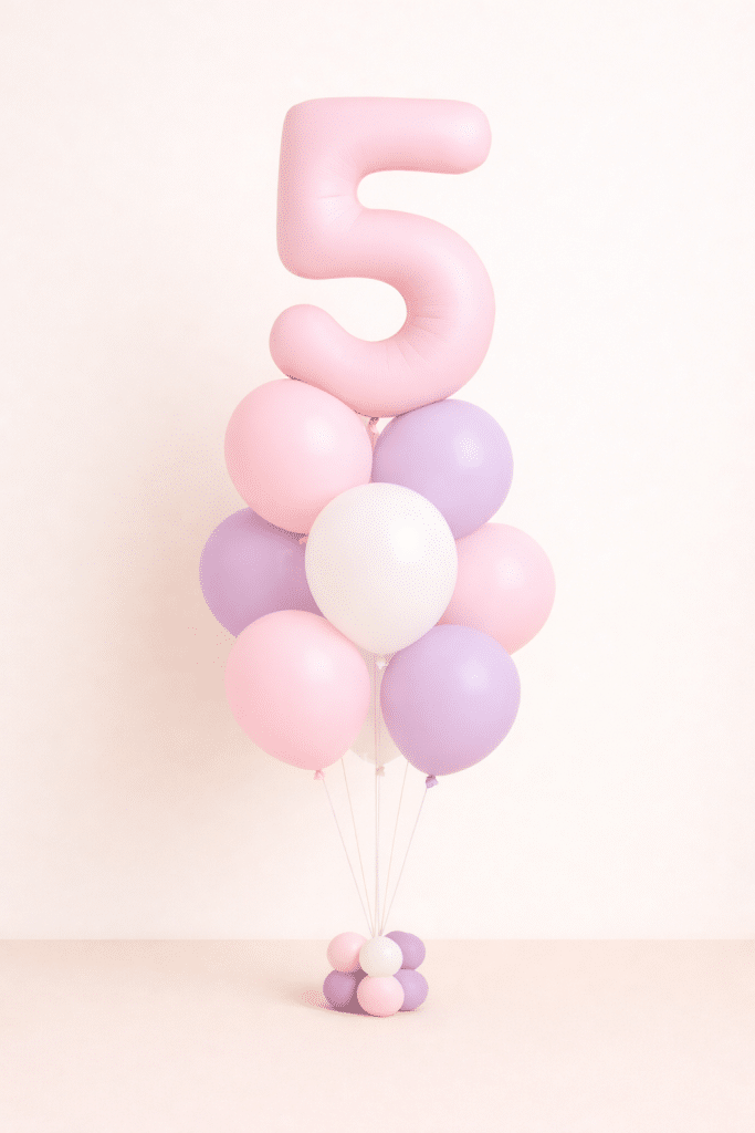 Pastel pink and lavender number birthday balloon bouquet with white accents in soft elegant tones