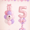 Pastel ballerina birthday balloon set with ceiling garland, ballerina bouquet and pink number balloon column in soft pink and lavender tones