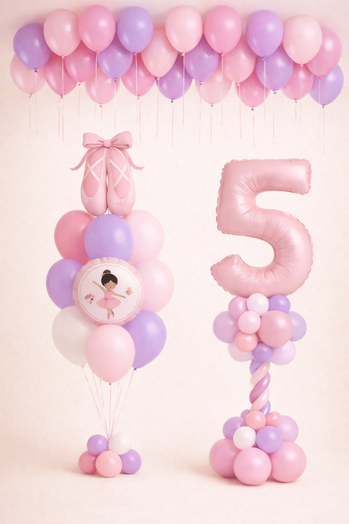 Pastel ballerina birthday balloon set with ceiling garland, ballerina bouquet and pink number balloon column in soft pink and lavender tones