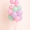 Pastel birthday balloon bouquet with pink number foil balloon and mint, lavender and soft pastel helium latex balloons on matching base