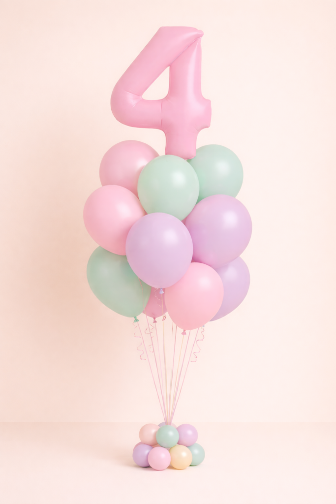 Pastel birthday balloon bouquet with pink number foil balloon and mint, lavender and soft pastel helium latex balloons on matching base