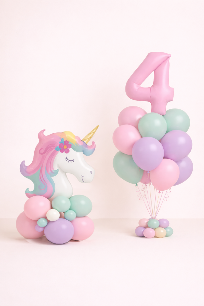 Pastel unicorn birthday balloon arrangement with large unicorn foil balloon and matching pastel number balloon bouquet in pink mint and lavender colours