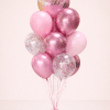 Rose gold happy birthday balloon bouquet with chrome metallic pink, pastel blush and confetti balloons on a matching base