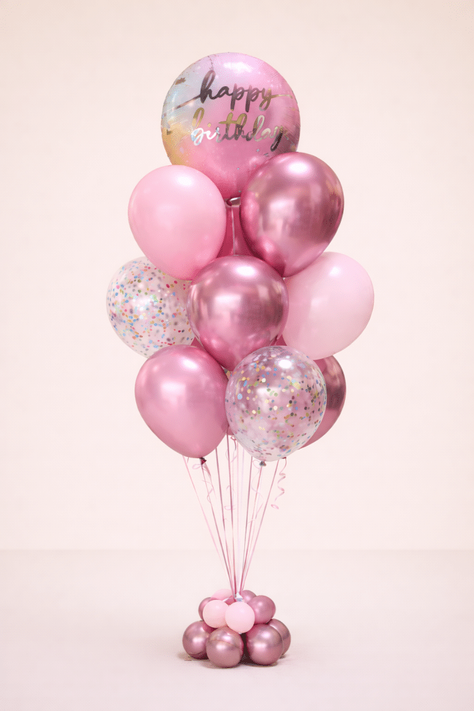 Rose gold happy birthday balloon bouquet with chrome metallic pink, pastel blush and confetti balloons on a matching base