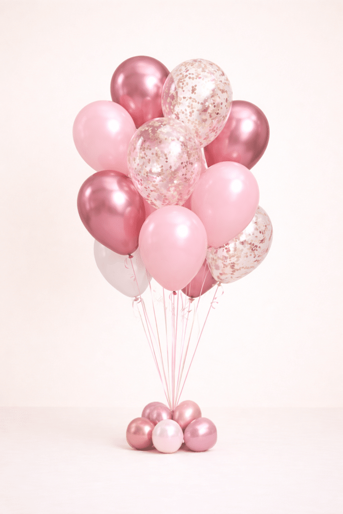 Rose gold and blush pink balloon bouquet with chrome metallic and clear confetti balloons on a matching small balloon base
