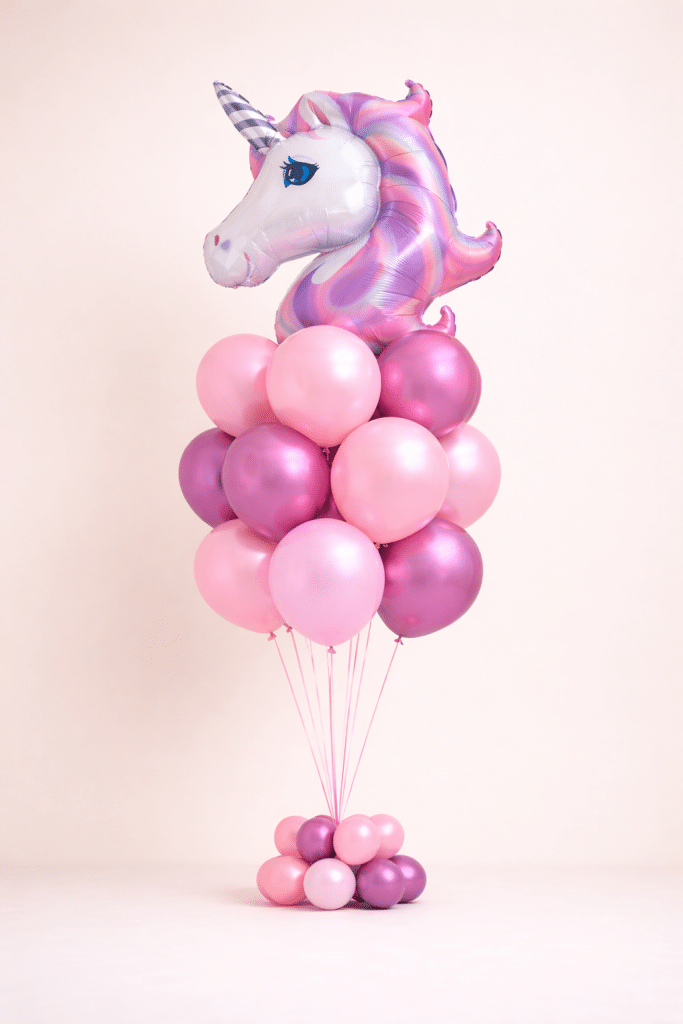 Unicorn head foil balloon bouquet with blush pink and chrome magenta latex balloons on a matching small balloon base