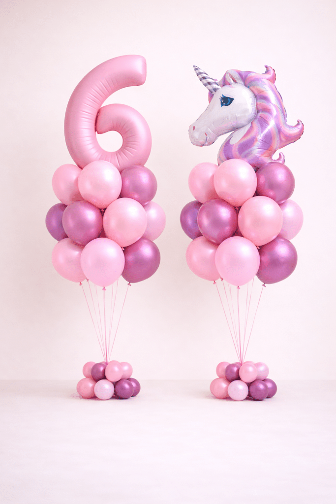 Pink unicorn birthday balloon duo with large number balloon and unicorn foil arrangement in blush and chrome magenta colours on matching small balloon bases