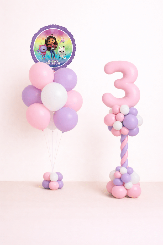 Gabby’s Dollhouse birthday balloon duo with pastel number column and character foil bouquet in pink lavender and white colours on matching small balloon bases