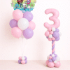 Gabby’s Dollhouse music themed birthday balloon duo with pastel number 3 column and character foil bouquet in pink lavender and white colours on matching small balloon bases
