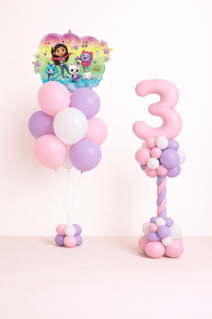 Gabby’s Dollhouse music themed birthday balloon duo with pastel number 3 column and character foil bouquet in pink lavender and white colours on matching small balloon bases