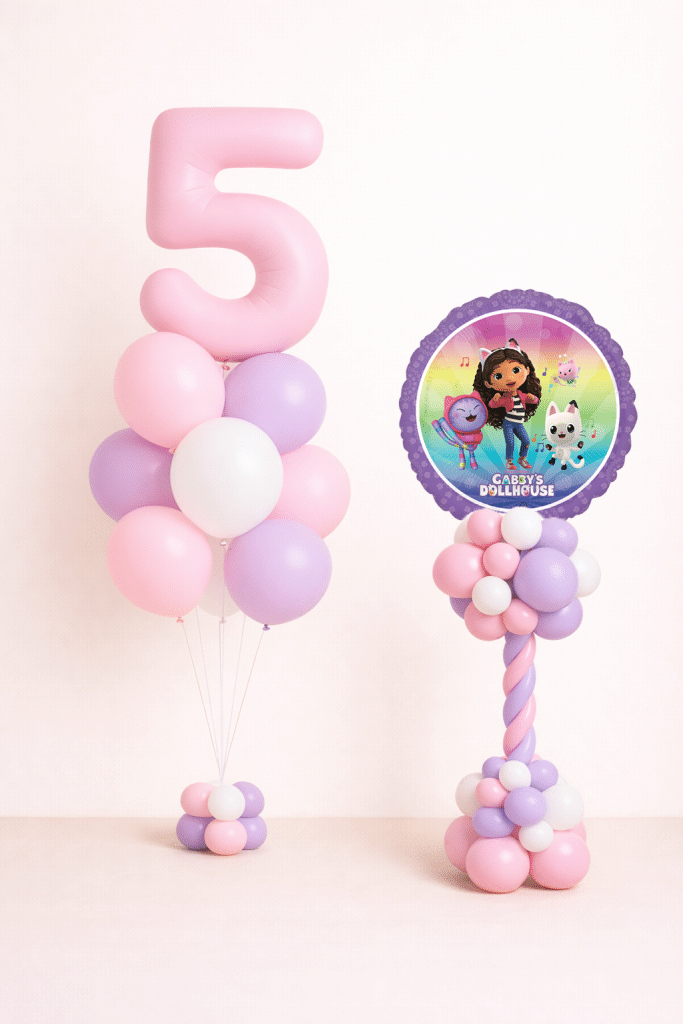 Gabby’s Dollhouse birthday balloon duo with pastel pink number 5 bouquet and themed character balloon column in pink lavender and white colours