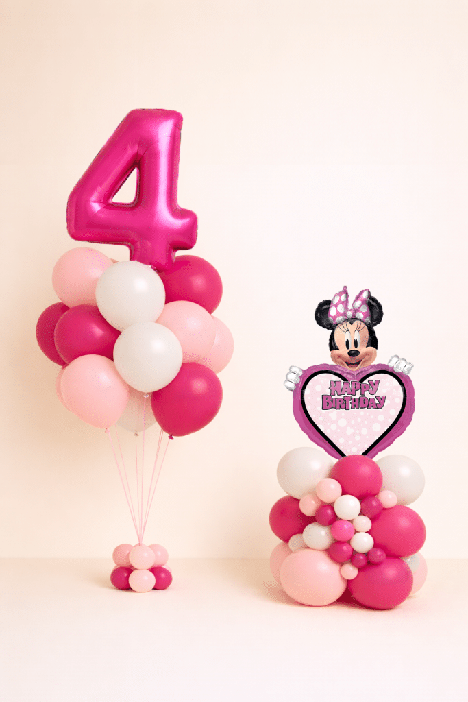 Minnie Mouse birthday balloon duo with pink number 4 balloon bouquet and Minnie Mouse Happy Birthday heart balloon base in pink and white colours