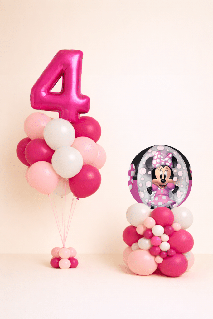 Minnie Mouse birthday balloon duo with hot pink number balloon bouquet and oval Minnie Mouse character balloon base in pink and white colours
