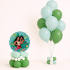 Moana themed balloon duo with mint and green latex bouquet and round Moana character balloon base in tropical colours