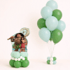Moana and Maui themed balloon duo with mint and green latex bouquet and character foil balloon base in tropical island colours