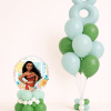 Moana themed number 8 birthday balloon duo with mint and green latex bouquet and matching character balloon base in tropical island colours