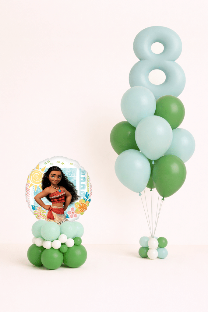Moana themed number 8 birthday balloon duo with mint and green latex bouquet and matching character balloon base in tropical island colours