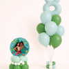 Moana Big Sis Little Sis birthday balloon duo with mint number latex bouquet and matching tropical character balloon base in green and white colours