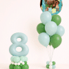 Moana and Maui birthday balloon duo with mint number 8 floor arrangement and tropical green latex bouquet in neutral studio background