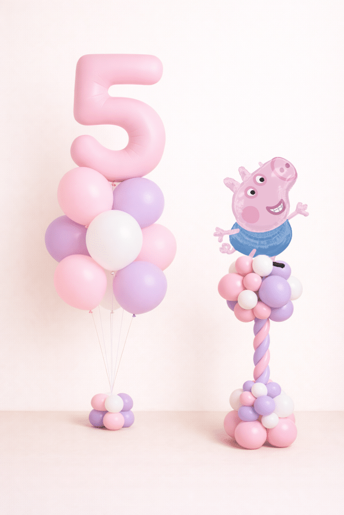 George Pig birthday balloon duo with pastel pink number helium bouquet and matching pink lavender twisted balloon column on neutral background