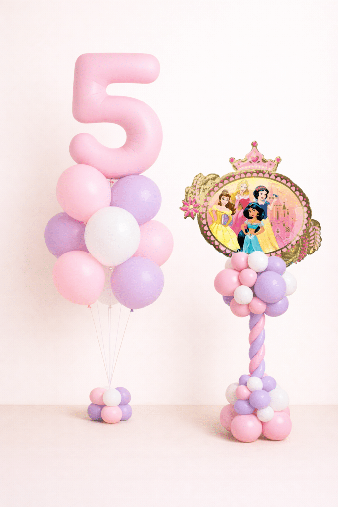 Princess themed birthday balloon duo with pastel pink number helium bouquet and matching pink lavender twisted balloon column on neutral background