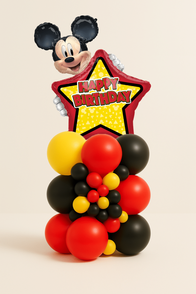 Mickey Mouse Happy Birthday star balloon tower with red yellow and black latex balloon base and decorative mini balloon cluster.