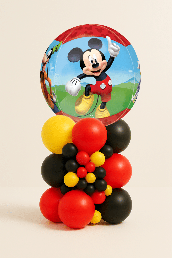 Mickey Mouse foil balloon tower with red, yellow, and black latex balloon base and decorative mini balloon cluster on a neutral background.