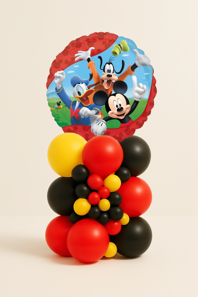 Mickey, Donald and Goofy foil balloon tower with red, yellow and black latex balloon base and decorative mini balloon cluster on a neutral background.