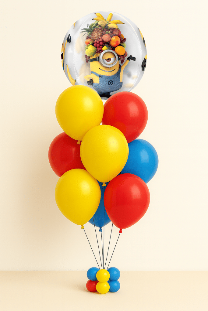Minions bubble balloon bouquet with red, yellow and blue latex balloons on a matching balloon base against a neutral background.