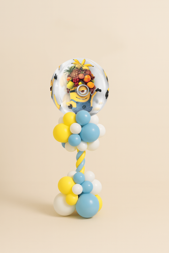 Pastel Minions bubble balloon column with twisted blue and yellow spiral and soft blue, yellow and white latex balloon base on a neutral background.