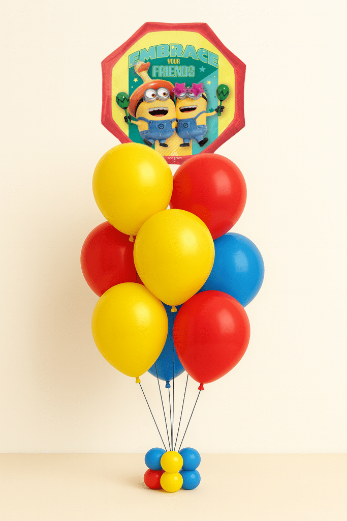 Minions foil balloon bouquet with red, yellow and blue latex balloons on a matching balloon weight base, displayed on a neutral background.