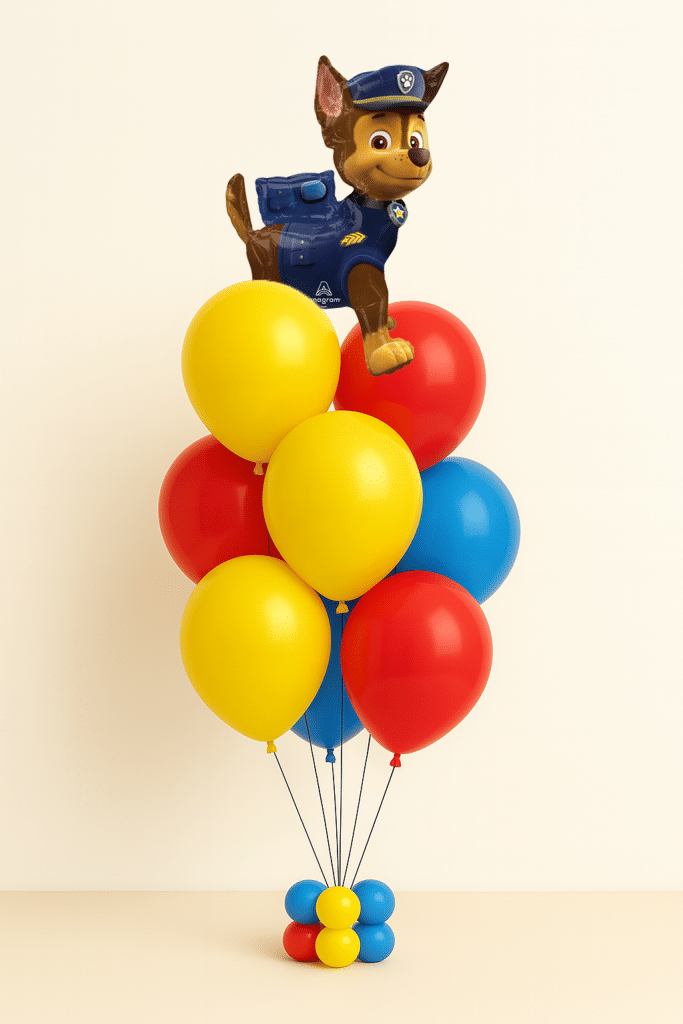 Paw Patrol Chase foil balloon bouquet with red, yellow and blue latex balloons on a matching balloon weight base, displayed on a neutral background.