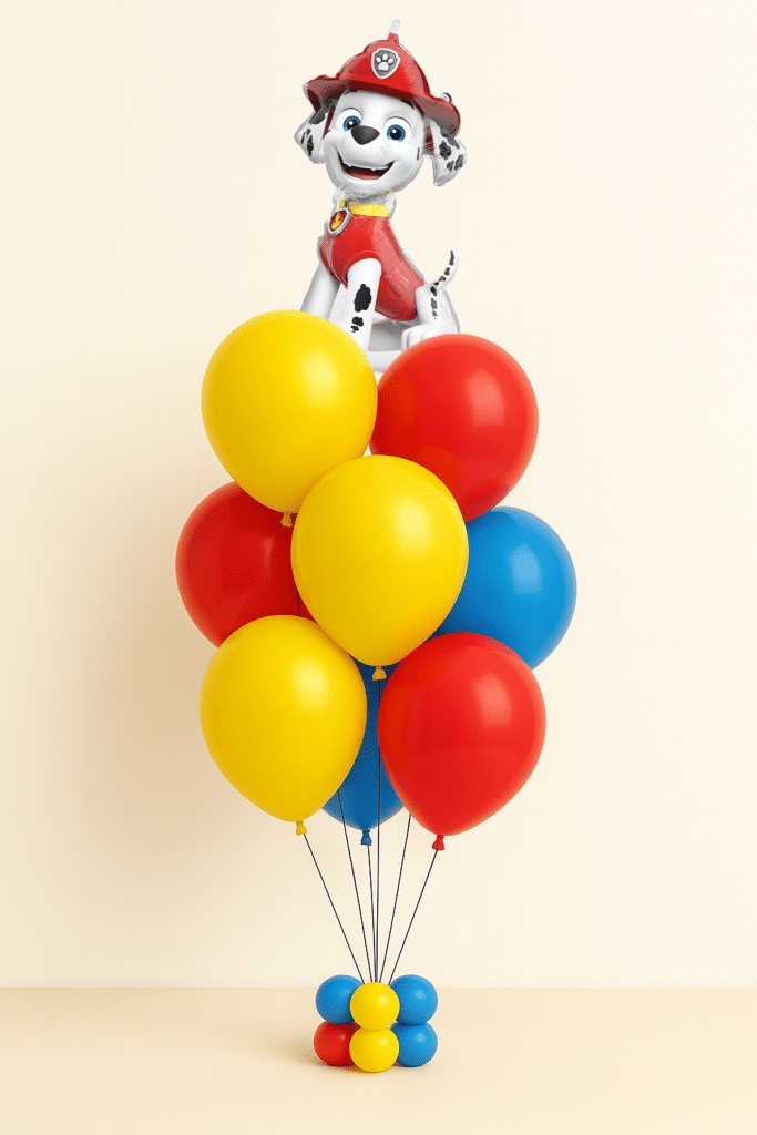 Paw Patrol Marshall foil balloon bouquet with red, yellow and blue latex balloons on a matching balloon weight base, displayed on a neutral background.