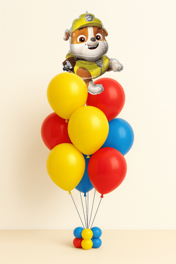 Paw Patrol Rubble foil balloon bouquet with red, yellow and blue latex balloons on a matching balloon weight base, displayed on a neutral background.