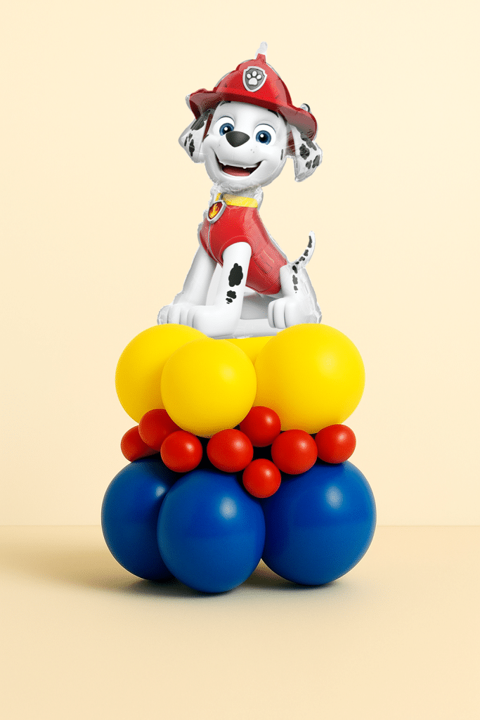 Paw Patrol Marshall foil balloon on a red, yellow and blue latex balloon base with decorative mini balloon accents, displayed on a neutral background.
