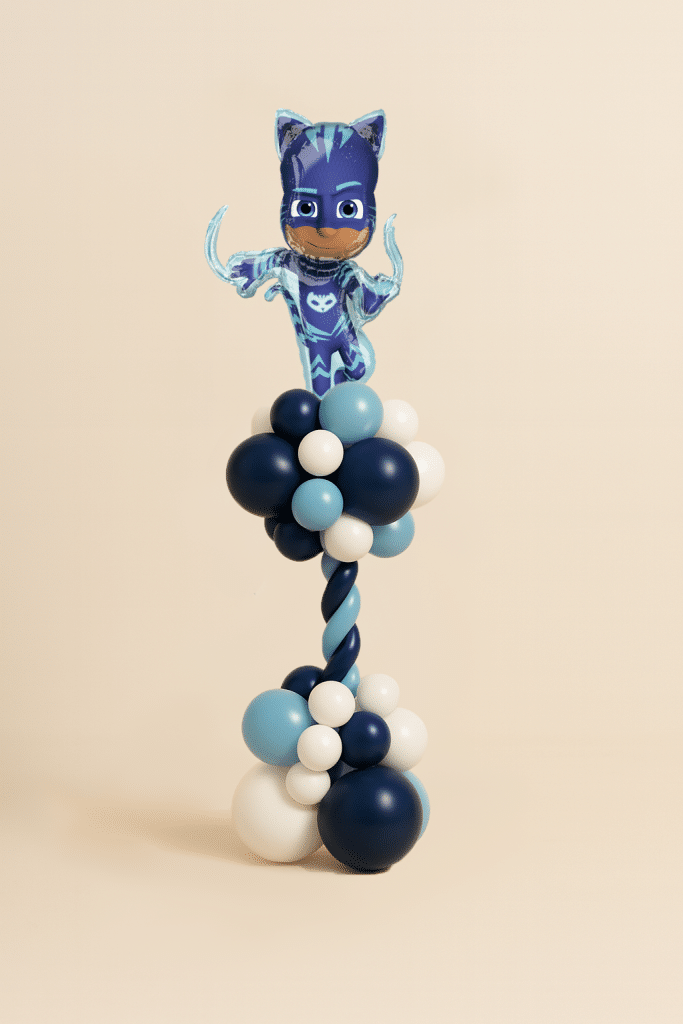 Catboy PJ Masks foil balloon on a navy and light blue spiral balloon column with a blue and white latex balloon base on a neutral background.