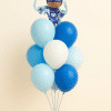 Catboy PJ Masks foil balloon with a helium bouquet of blue, light blue, and white latex balloons on a small matching balloon base against a neutral background.