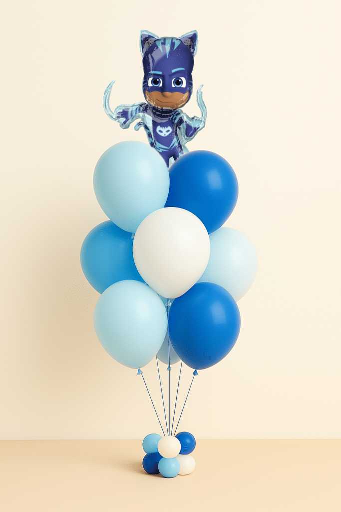 Catboy PJ Masks foil balloon with a helium bouquet of blue, light blue, and white latex balloons on a small matching balloon base against a neutral background.